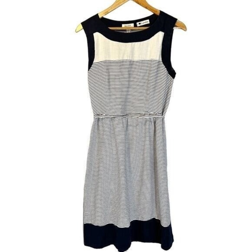 Malvin Hamburg Navy Striped Linen Sleeveless‎ Dress L Coastal Quiet Luxury